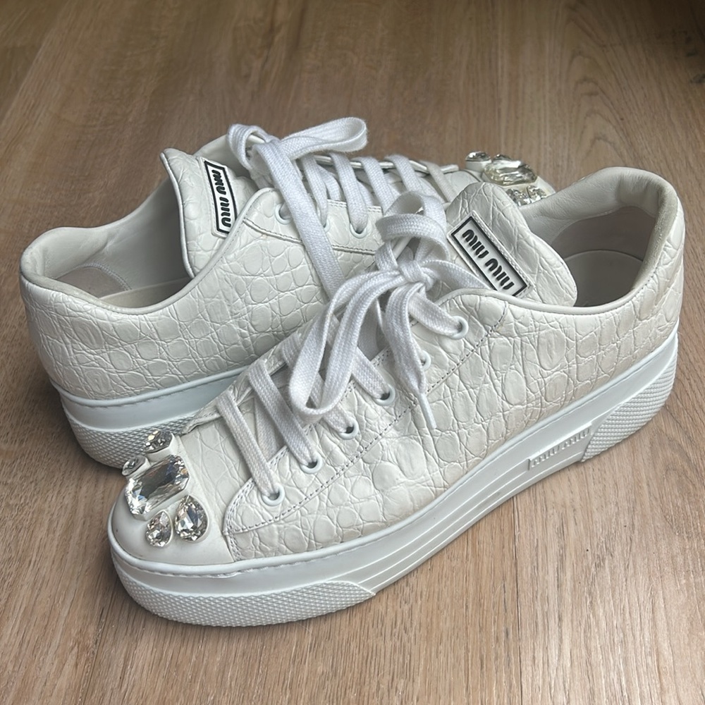 MIU MIU White Leather Crocodile embossed sneakers with diamonds embellishments